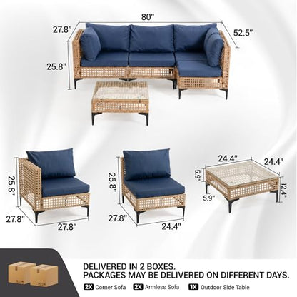 WiNVO 5-Piece Outdoor Wicker Patio Sectional Furniture Set, Dark Blue
