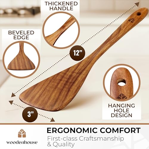 Wooden Spatula for Cooking, 12 Inch - Easy to Clean, Long-Lasting & Sturdy Natural Acacia Wood Spatula for Cooking - Wooden Spatulas with Comfortable Handle, Perfect for Flipping, Turning & Frying