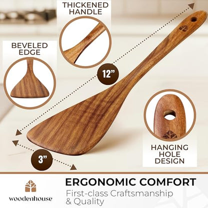 Wooden Spatula for Cooking, 12 Inch - Easy to Clean, Long-Lasting & Sturdy Natural Acacia Wood Spatula for Cooking - Wooden Spatulas with Comfortable Handle, Perfect for Flipping, Turning & Frying