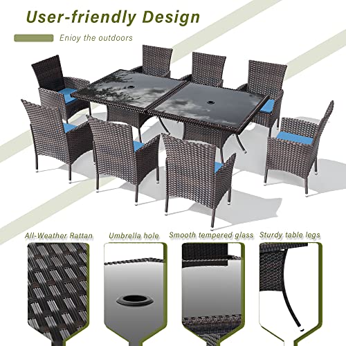 RTDTD 10 Pieces Outdoor Patio Dining Set,Patio Table and Chairs Rattan Outdoor Patio Furniture Set with Umbrella Hole,Dining Table Set for 8 with Chairs for Backyard,Garden and Kitchen,Navy Blue