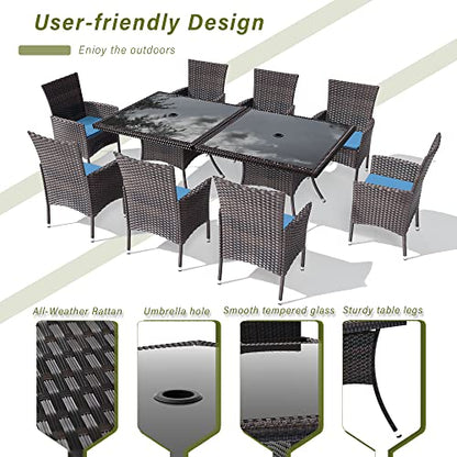 RTDTD 10 Pieces Outdoor Patio Dining Set,Patio Table and Chairs Rattan Outdoor Patio Furniture Set with Umbrella Hole,Dining Table Set for 8 with Chairs for Backyard,Garden and Kitchen,Navy Blue