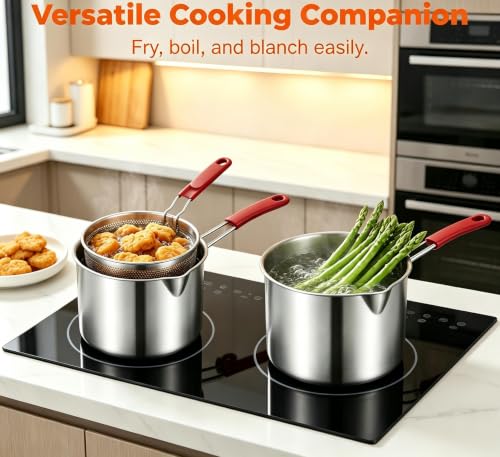 Stainless Steel Mini Fryer, Portable Fryer,Deep Stainless Steel Fryer,Includes Stainless Steels Pot,Removable Strainer Basket And Clips,Suitable For Frying French Fries,Chicken,Bacon