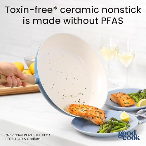 GoodCook Healthy Ceramic Titanium-Infused 12” Fry Pan, Light Blue – Induction Cookware, Nonstick Cooking Pan, Frying Pan Skillet for Eggs, Meats, Vegetables, Sauces, Warming Tortillas