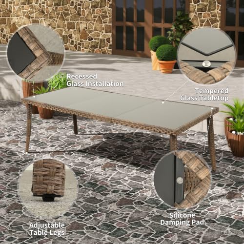 Rattaner Brown Wicker Patio Dining Set for 6 Outdoor Dining Glass Table and Chairs 7 Pieces with Waterproof Cover and Cushions, Khaki