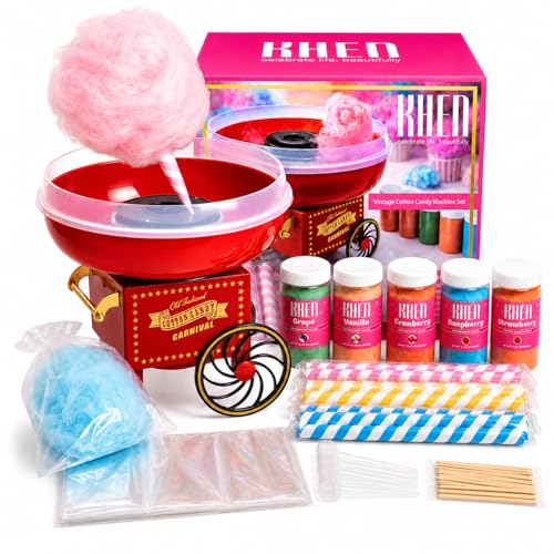 Full Mega Pack Vintage Cotton Candy Machine Kit - 5 Flavored Sugars, 30 Color Cones, 30 Shiny Bags, 5 Scoops Retro Electric Floss Maker, Nostalgia, Spinner Dessert Appliance, Carnival Party Gift Kids