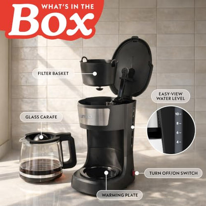 Gourmia 12 Cup One-Touch Coffee Maker – Pause and Serve with Automatic Keep Warm, Easy View Water Window, Compact Design, Stainless Steel Accents, Black