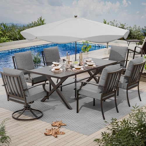 ASJMR 7 Piece Outdoor Dining Set for 6, Metal Patio Table and Chairs with Cushions, Patio Furniture Set with 2 Swivel Chairs, Rectangular Patio Dining Table with Umbrella Hole, Lawn Deck, Yard-Grey