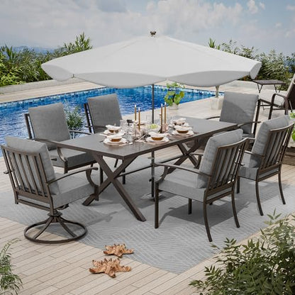 ASJMR 7 Piece Outdoor Dining Set for 6, Metal Patio Table and Chairs with Cushions, Patio Furniture Set with 2 Swivel Chairs, Rectangular Patio Dining Table with Umbrella Hole, Lawn Deck, Yard-Grey