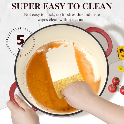 Umite Chef 7QT Enameled Cast Iron Dutch Oven with Lid & Cotton Potholders–Heavy-Duty Cookware for Bread Baking, Braising, Stews, Marinate, Cook(Red)