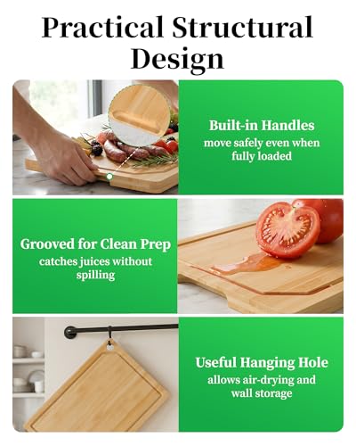 Kitchen Cutting Board Set - 3-Piece Wooden Cutting Boards for Kitchen with Juice Groove, Handles, Hang Holes, Stylish Kitchen Essentials for Chpping & Serving, Natural, 0.4"Th - (L+M+S)