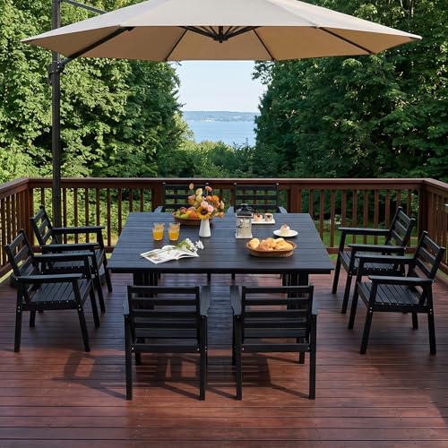 AZXZCS 10-Piece Outdoor Dining Set, All-Weather HDPE Patio Furniture, Two 66.5" Slatted Table with 1.6" Umbrella Hole & 8 Ergonomic Armchairs, Heavy Duty 350lbs Capacity, UV Resistant, Black
