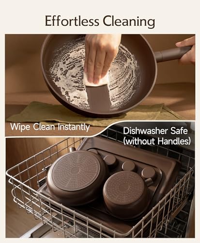 JEETEE 50-Piece Titanium Pots and Pans Set NonStick, Mocha Brown Cookware Set with 6pc Bakeware, Professional Pot and Pan Set for New Home Cooking, Induction & Oven Safe, PFAS Free