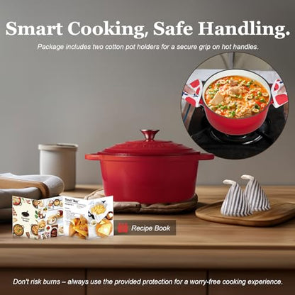 Overmont Enameled Cast Iron Dutch Oven - 4.5QT Pot with Lid Cookbook & Cotton Potholders - Heavy-Duty Cookware for Braising, Stews, Roasting, Sourdough Baking red