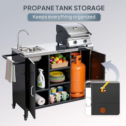 ROVSUN Outdoor Grill Cart with Sink, 304 Stainless Steel Sink with Gas Storage Area, Rolling Kitchen Prep Table with Cabinet, Paper Rack, Rubbish Rack, for Backyard Cooking, Gardens, Patio