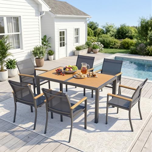 7-Pieces Aluminum Patio Table and Chairs for All-Weather, Patio Table Set with Heavy Duty HDPS Rectangular Table, Outdoor Patio Dining Furniture Set with Breathable Quick-Drying Textilene Chairs
