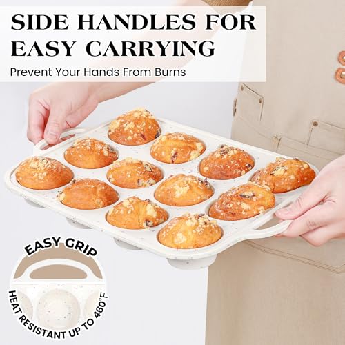 AOTASO Regular 12 Cup and Mini 24 Cup Nonstick Cupcake Pan Set Silicone Muffin Pan for Baking Silicone Cupcake Mold with Metal Reinforced Frame BPA Free (2 Pcs, Cream)