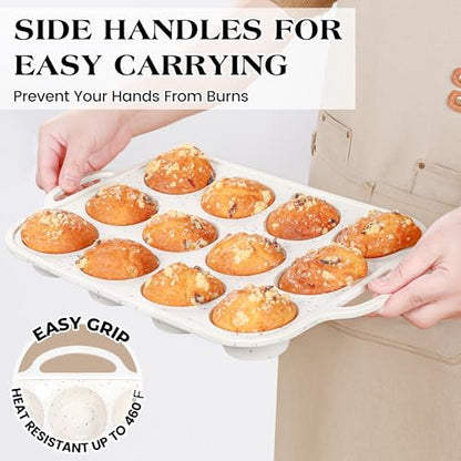 AOTASO Regular 12 Cup and Mini 24 Cup Nonstick Cupcake Pan Set Silicone Muffin Pan for Baking Silicone Cupcake Mold with Metal Reinforced Frame BPA Free (2 Pcs, Cream)