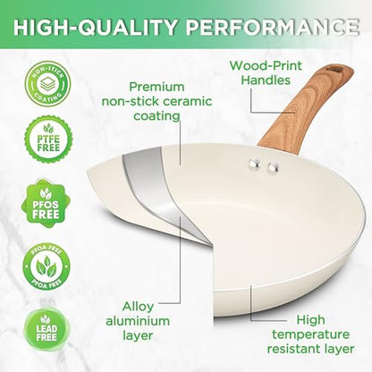 ONGIFT 23 Pcs Pots and Pans Set Nonstick, Kitchen Cookware Sets, with Frying Pan, Saucepan, Saute Pan, Lightweight Cooking Set with Stay-Cool Wood Print Handles, NO PFAS and PFOA, Light Wood