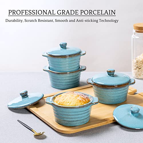 Creme Brulee Ramekins 8 oz with Lids, Oven Safe Bowls for French Onion Soup - Souffle Dish, Mini Covered Casserole Dish, Pot Pie Baking Dishes Set of 4, Reactive Blue