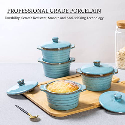 Creme Brulee Ramekins 8 oz with Lids, Oven Safe Bowls for French Onion Soup - Souffle Dish, Mini Covered Casserole Dish, Pot Pie Baking Dishes Set of 4, Reactive Blue