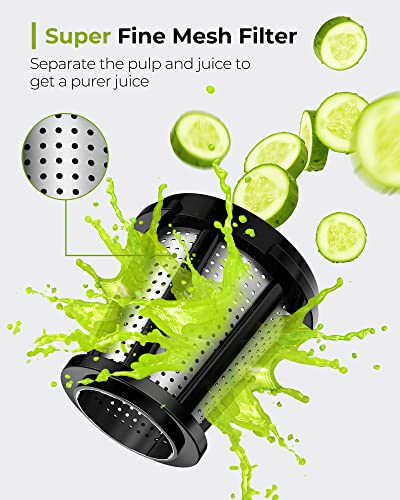 Juicer, Jocuu Slow Masticating Juicer Machines Easy to Clean, Soft/Hard Two Speed Quiet Motor Reverse Function Anti-Clogging, Cold Press Juice Extractor with Brush & Recipes