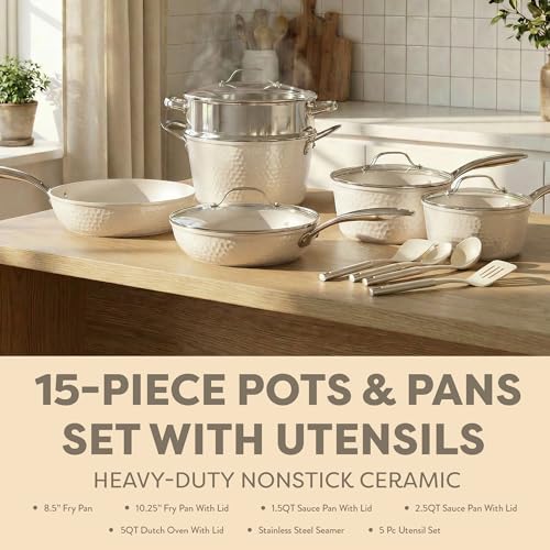 Gotham Steel Hammered 15 Pc Ceramic Cookware Set Nonstick, Pots and Pans Set Non Stick with Induction Cookware, Cooking Utensils & Steamer, Non Toxic PFOA PFOS Free, Oven & Dishwasher Safe