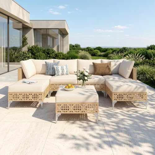 PHI VILLA Wicker Patio Sectional Furniture Set, 7-Seat, Rattan Weave, Beige