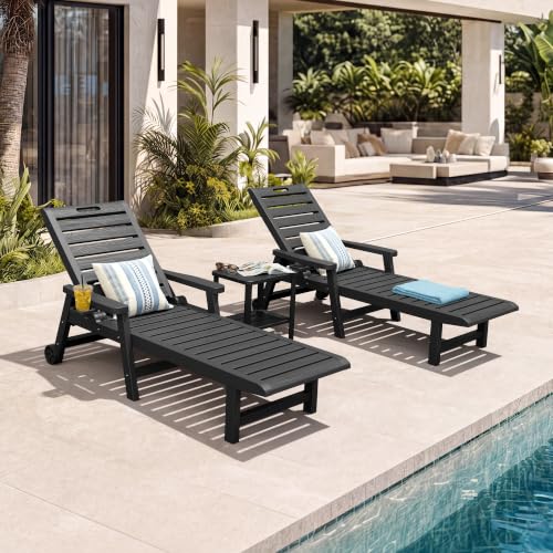 NUNU LAB Outdoor Chaise Lounge Chairs Set, Black with Wheels, 2pcs