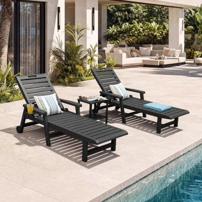 NUNU LAB Outdoor Chaise Lounge Chairs Set, Black with Wheels, 2pcs