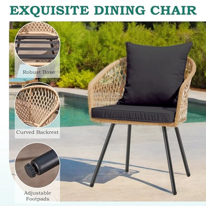 ECOTOUGE 5 Piece Patio Dining Set, Wicker Outdoor Furniture Set w/Glass Square Table, 4 PCS Chairs w/Waterproof Cushions for Backyard Garden Deck, Yellow/Black