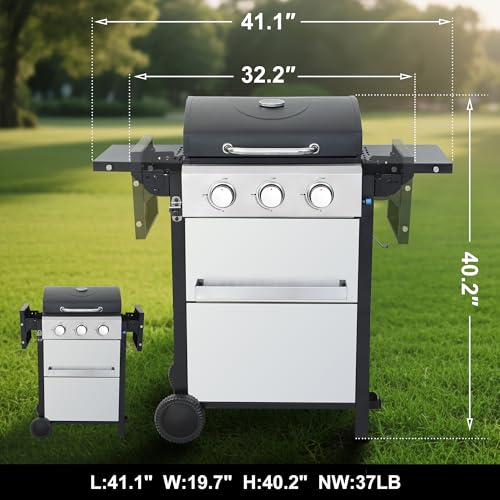 Stainless Steel 3-Burner Propane Gas Grill – 30,000 BTU Output, Porcelain-Enamel Grates, Even Heating System & Easy Grease Management for Backyard Patio BBQ Parties