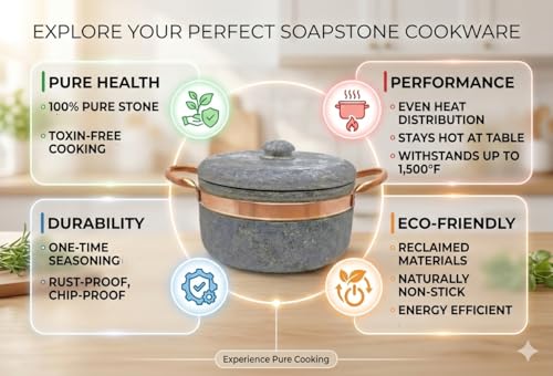 Cookstone 3 quarts Dutch oven with copper handles | Handcrafted from a block of pure soapstone | Unique, durable and eco-friendly | Non-toxic and Non-stick | THE GREEN ALTERNATIVE TO CAST IRON