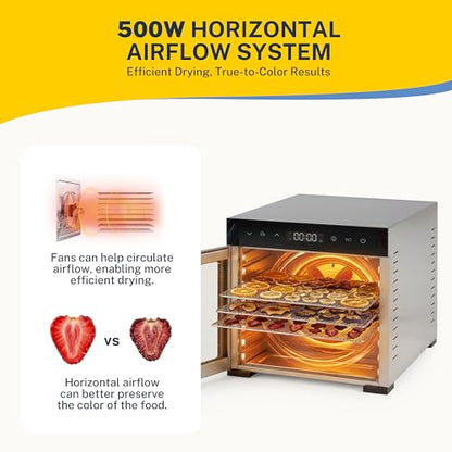 Simple Deluxe Food Dehydrator, Fruit Dryer Machine with 8 Stainless Steel Trays, 500W Powerful Motor, 185°F Adjustable Temperature & 48-Hour Timer for Jerky, Fruits, Herbs, Dog Treats, Silver