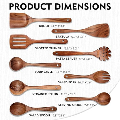 Wooden Spoons for Cooking 9 Pieces Set, TeakWooden Kitchen Utensil Set, Wooden Cooking Utensils Spoons, Spatulas, Heat-Resistant, Lightweight & Durable, Perfect for Non-Stick Cookware
