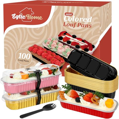EgticHome Mini Loaf Pans with Lids and Spoons (100 Pack, Mixed color, 6.8oz) Rectangular Aluminum Foil Baking Pans