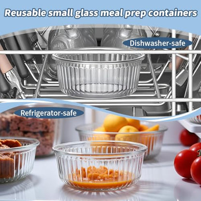 H.JSS WDJS 1.5 cup Round Glass Food Storage Containers with Lids, 12oz Small Glass Meal Prep Containers set, Heat-Resistant BPA-Free Round food bowl for Leftover. Microwave, Dishwasher & Freezer Safe