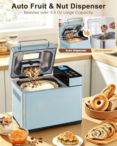 KBS Blue Bread Maker, 2LB Smart Bread Machine with Healthy Ceramic Pan, Touchscreen, Auto Nut Dispenser, 17 Automatic Programs, Gluten Free, Sourdough, Dough, Yogurt & Jam, 15H Timer, Stainless Steel