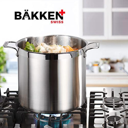 Stainless Steel Stockpot with Lid 24 Quart, Durable 18/8 Stainless Steel, Impact-Bonded Base for Even Heating, Riveted Handles, Oven & All Stove Compatible, Safe Up To 500°F (260°C)