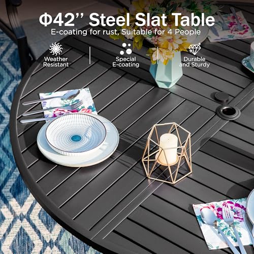 PHI VILLA 5 Piece Patio Dining Set with 4 Outdoor Swivel Dining Chairs & 1 Large Round Dining Table, All Weather Blue Textilene Mesh Fabric Chair and Round Metal Table for Deck Lawn Garden