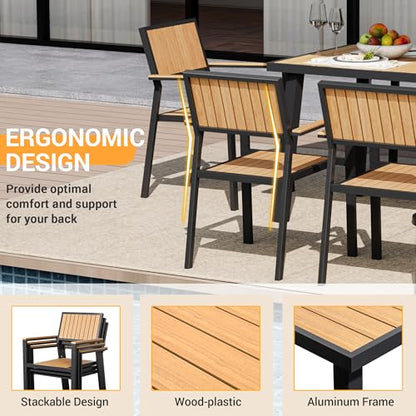 PATIOPIA 8-Piece Patio Dining Set, Outdoor Weather-Resistant Plastic-Wood Table & 6 Stackable Chairs, Outdoor Durable Aluminum Frame Furniture for Garden, Poolside, Backyard, Orange