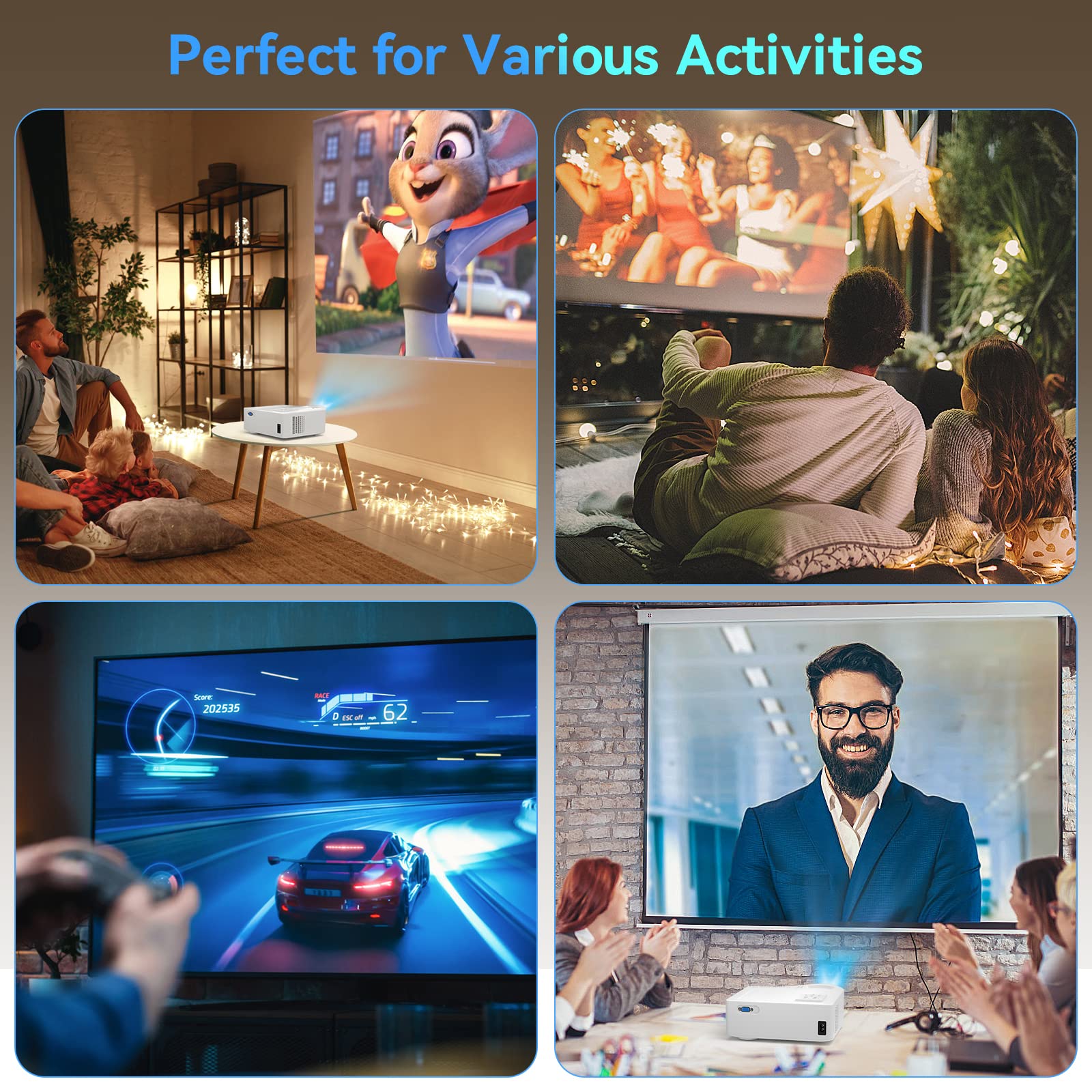 5G WiFi Bluetooth Projector, Native 1080P Outdoor Movie Projector with 300" Display, 380ANSI Home Theater Video Projector 4K Supported, LED Video Projector Compatible with TV Stick, Phone/PC - CookCave