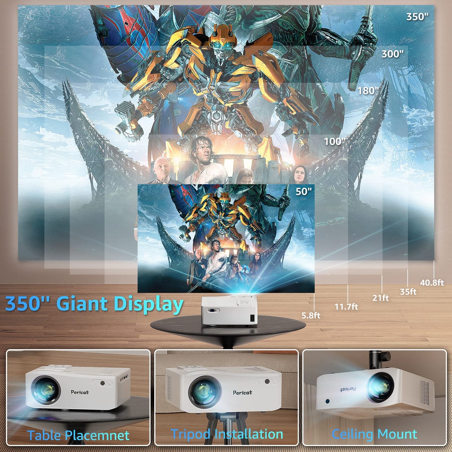 5G WiFi Bluetooth Projector, Native 1080P Outdoor Movie Projector with 300" Display, 380ANSI Home Theater Video Projector 4K Supported, LED Video Projector Compatible with TV Stick, Phone/PC - CookCave