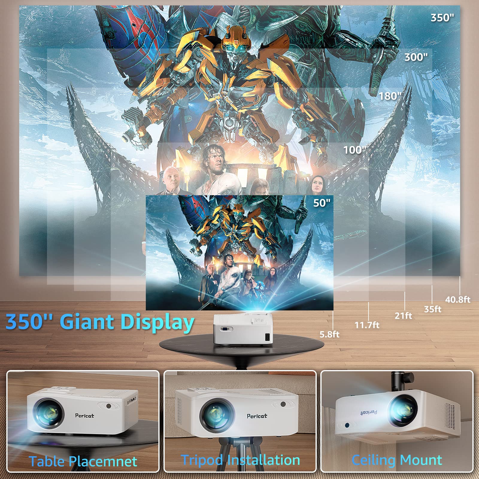 5G WiFi Bluetooth Projector, Native 1080P Outdoor Movie Projector with 300" Display, 380ANSI Home Theater Video Projector 4K Supported, LED Video Projector Compatible with TV Stick, Phone/PC - CookCave