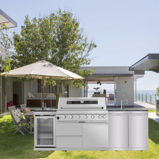 6-Burner 85000 BTU Deluxe Stainless Steel Gas Outdoor Kitchen Bar Barbecue Island Grill with Wine Cooler Compact Refrigerator, Rotisserie Kit, Granite Countertops, Stainless Steel Sink - CookCave