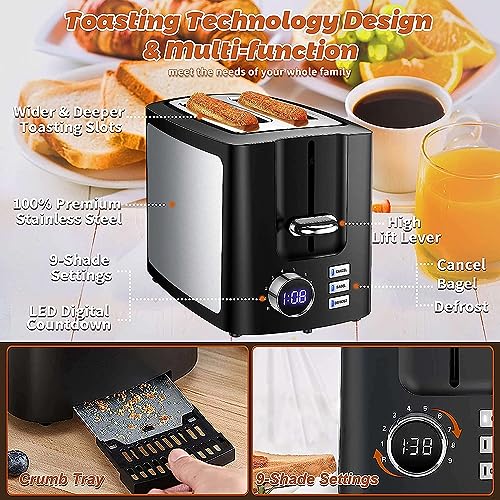 Toaster 2 Slice Wide Slot Toaster Best Rated Prime Display Smart Toasters with LCD Digital Countdown Timer and Bagel/Defrost/Cancel/Reheat Function