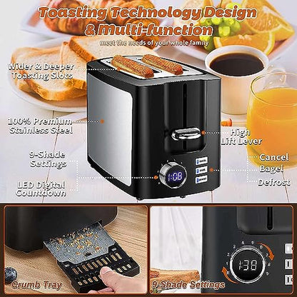 Toaster 2 Slice Wide Slot Toaster Best Rated Prime Display Smart Toasters with LCD Digital Countdown Timer and Bagel/Defrost/Cancel/Reheat Function