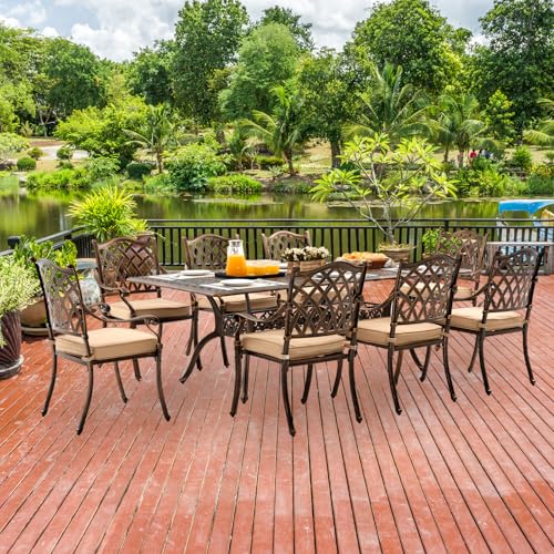 Attliahome 9-Piece Cast Aluminum Outdoor Table and Chairs, Classic Vintage Patio Dining Set for 8 Include 87" Rectangular Patio Dining Table and 8 Chairs with Removable Cushion and Umbrella Hole