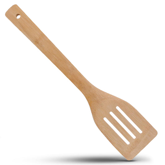 Alpine Cuisine Professional Cookware Bamboo Wood Slotted Spatula 12 Inch - Thin Slotted Spatula Heat Resistant Wood Handle for Cooking, Frying, Grilling & Flipping Fish Meat Eggs - Easy to Clean