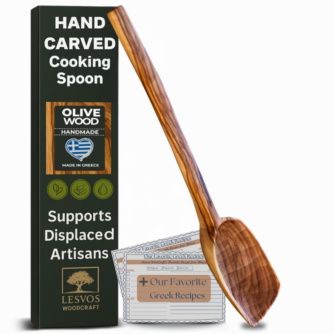 OLIVE WOOD Cooking Spoon, Great Gift, Handcrafted in Greece, Fair Trade Foodie Gift – Artisan Wooden Kitchen Includes Two Greek Recipe Cards - LESVOS WOODCRAFT