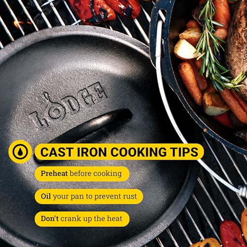 Lodge 9 Quart Pre-Seasoned Cast Iron Dutch Oven with Lid - Wire Bail Handle for Easy Transfer from Cooking Surface to Table - Use in the Oven, on the Stove, on the Grill or over the Campfire - Black